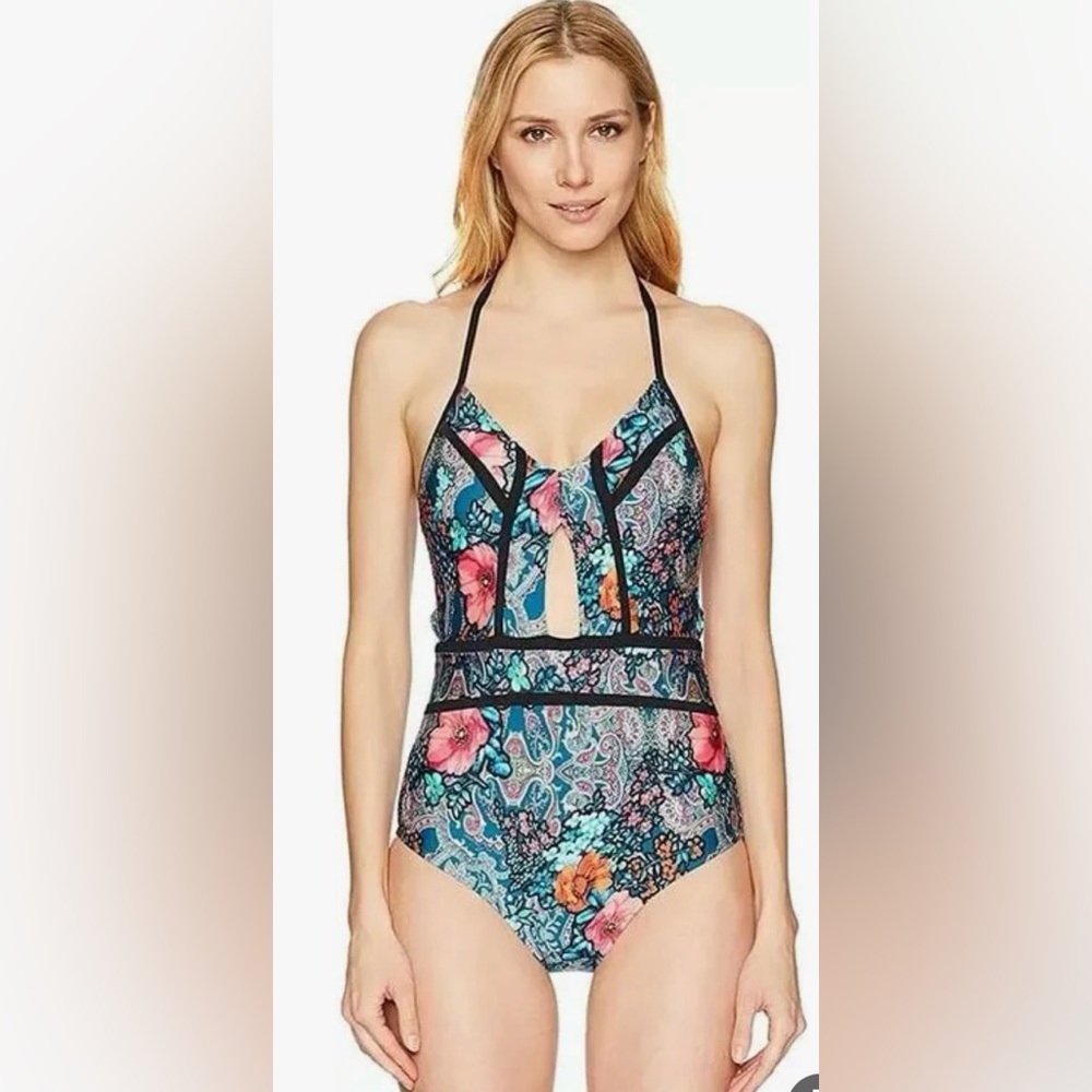 🆕 SHELLI SEGAL Floral peep hole One Piece Swimsuit with Plunging V-neckline